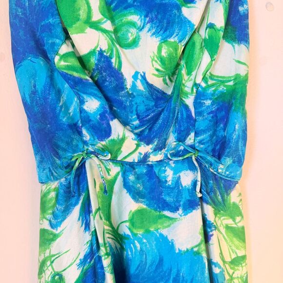 Vintage Handmade 50s Floral Green Blue Bubble Hem Spaghetti Strap Bow Midi Dress - Picture 6 of 8